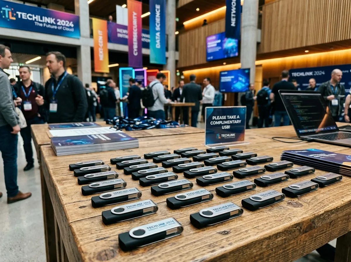 Брендированные флешки для IT-конференции — флешки с логотипом разложены на столе, современный офис, технологичная атмосфера